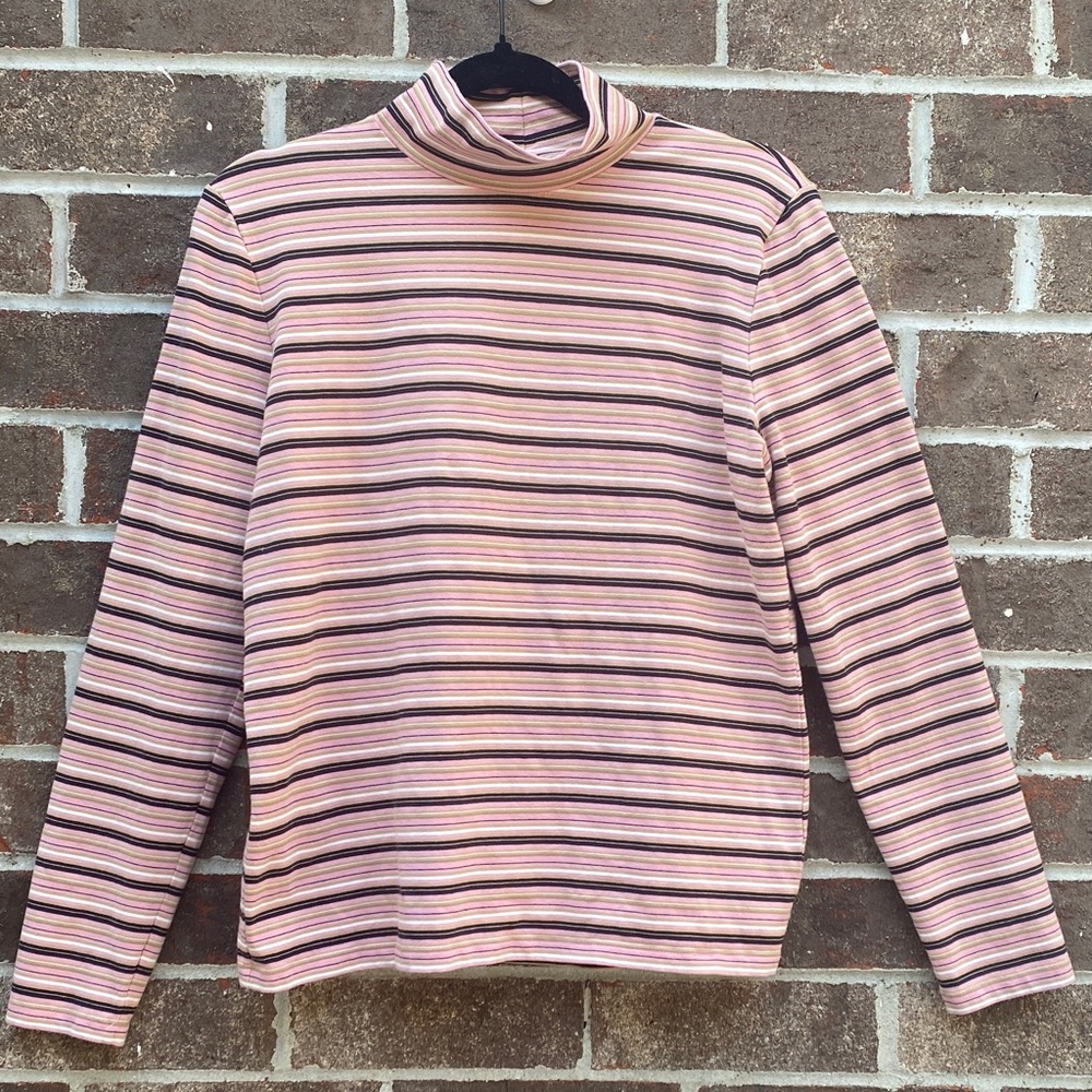 Vintage Jones New York Country Striped Mock Neck Top Large Pink Black 90s Y2K